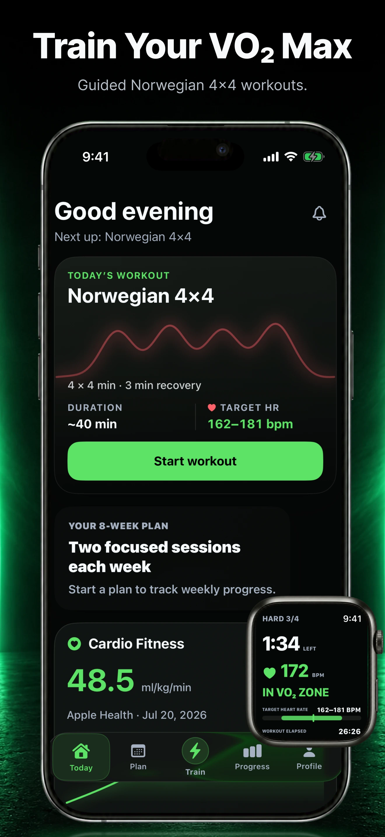 Ramp4x4 on iPhone and Apple Watch, showing the Norwegian 4x4 workout, target heart rate, eight-week plan, cardio fitness, and live in-zone coaching.