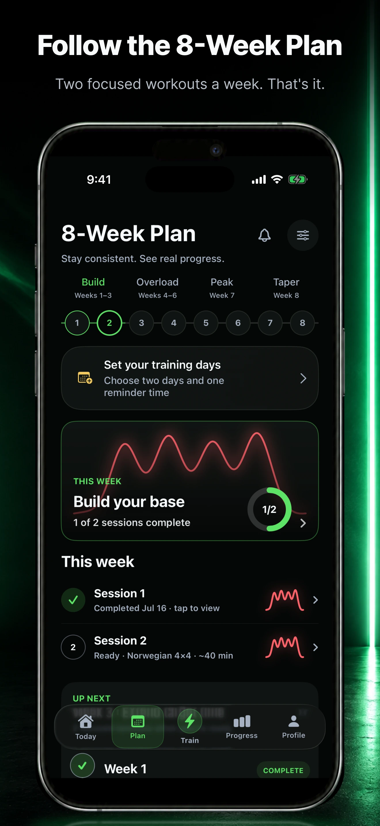 Ramp4x4 eight-week plan on iPhone showing build, overload, peak, and taper phases with two focused Norwegian 4x4 sessions each week.