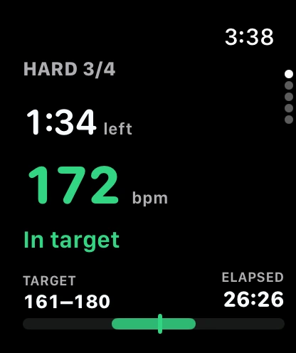 Real Ramp4x4 Apple Watch screen showing 172 BPM inside the 161 to 180 BPM target heart-rate range during hard interval three.