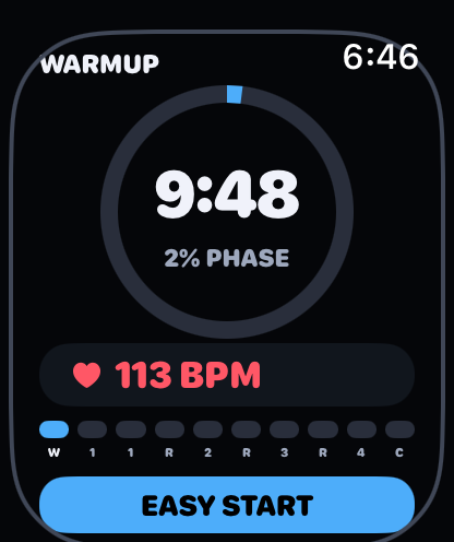 Ramp4x4 Apple Watch warmup screen: 9:48 remaining, easy start, heart rate 113 BPM.