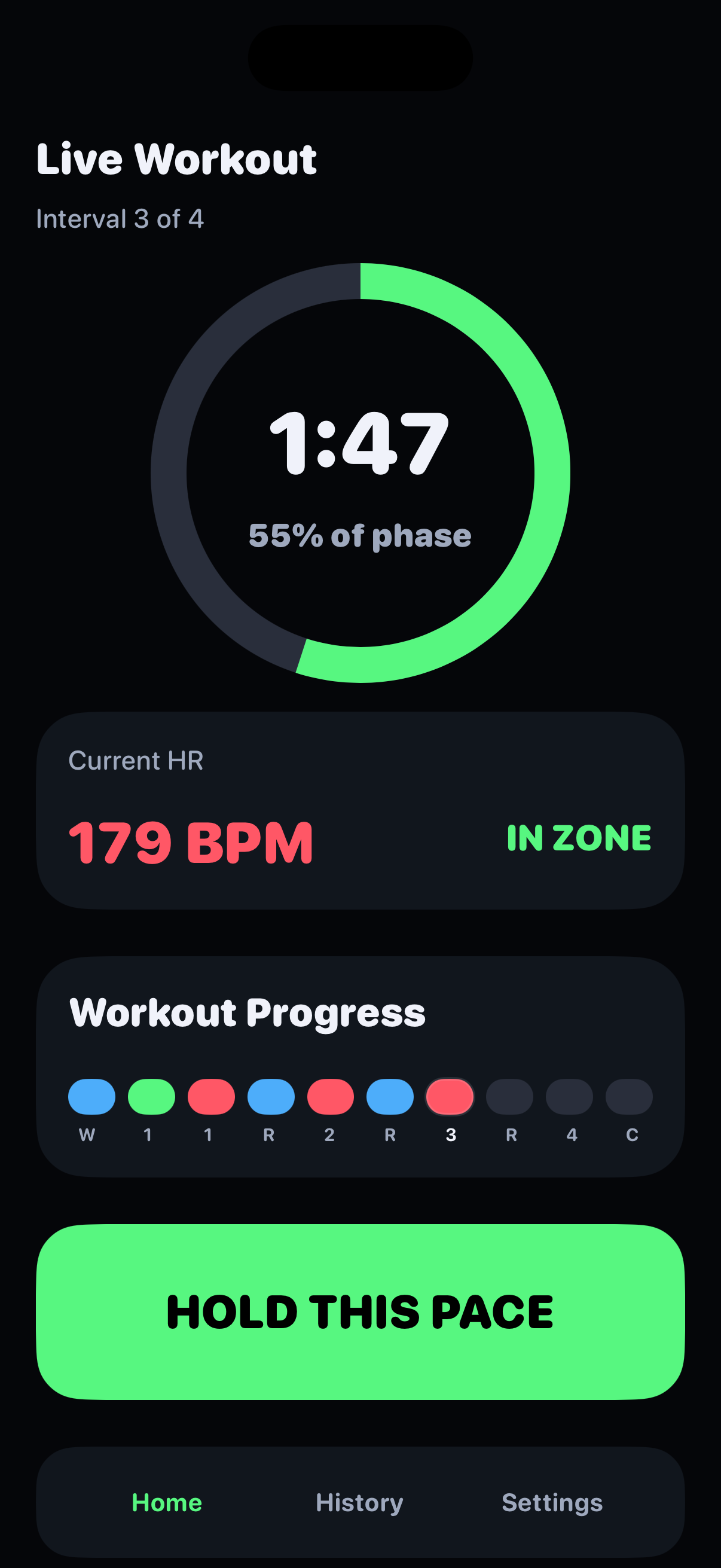 Ramp4x4 live workout on iPhone showing interval 3 of 4, 1:47 remaining, current heart rate 179 BPM marked in zone, and a workout progress strip.